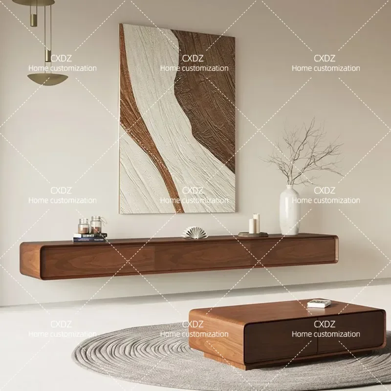 Suspended Solid Wood Wall Mounted TV Cabinet Ultra Thin Minimalist Hanging Storage Unit for Small Apartment Narrow Space