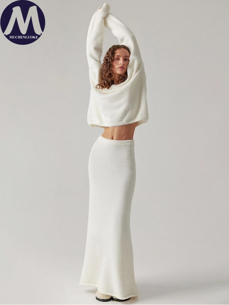 

Женский комплект из двух предметов, осенне-зимний вязаный свитер из искусственного меха норки с v-образным вырезом, модные повседневные комплекты с юбкой со свободной грудью