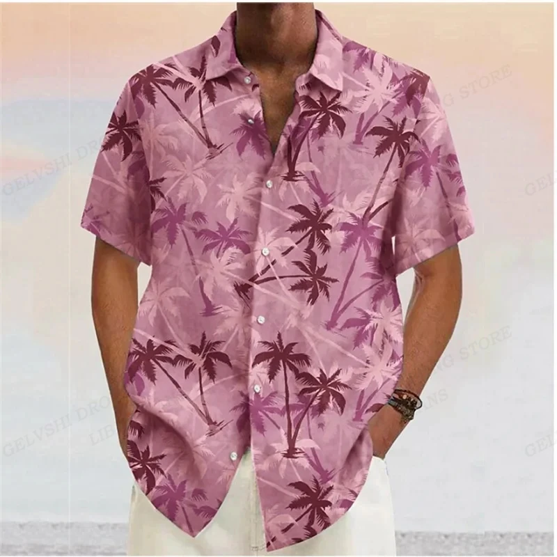 Camisa de manga curta masculina havaiana de coqueiro lapela, blusa floral, gola virada, roupas masculinas, moda verão