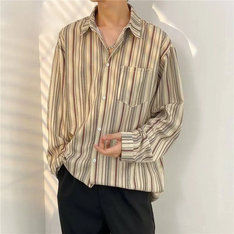 

Men's Loose Long Sve Striped irt Spring Autumn Korean Sle Casual Faionable Top Loose Fit Comfortable Polyester Fiber