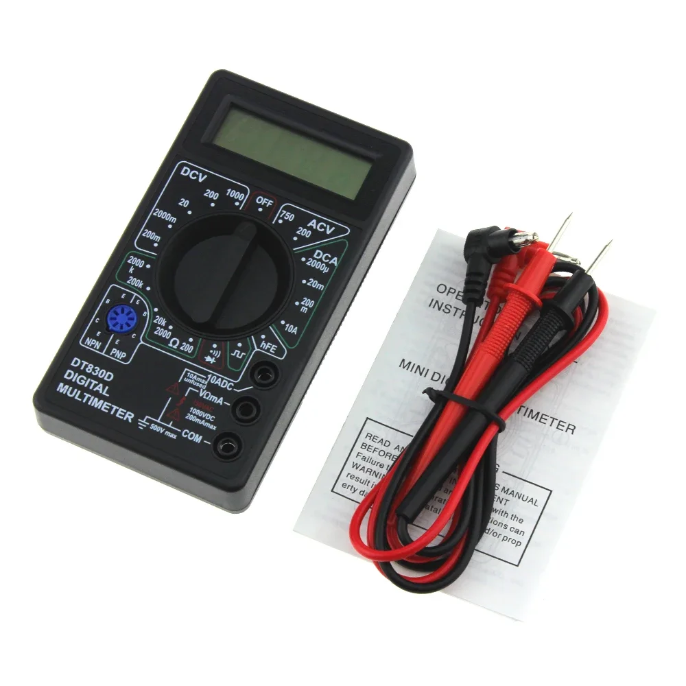 Mini Digital Multimeter voltmeter Voltage Ampere Ohm Tester  DCAC Ammeter  Power Meter Test With Lead Probe Buzzer DT830D Meter