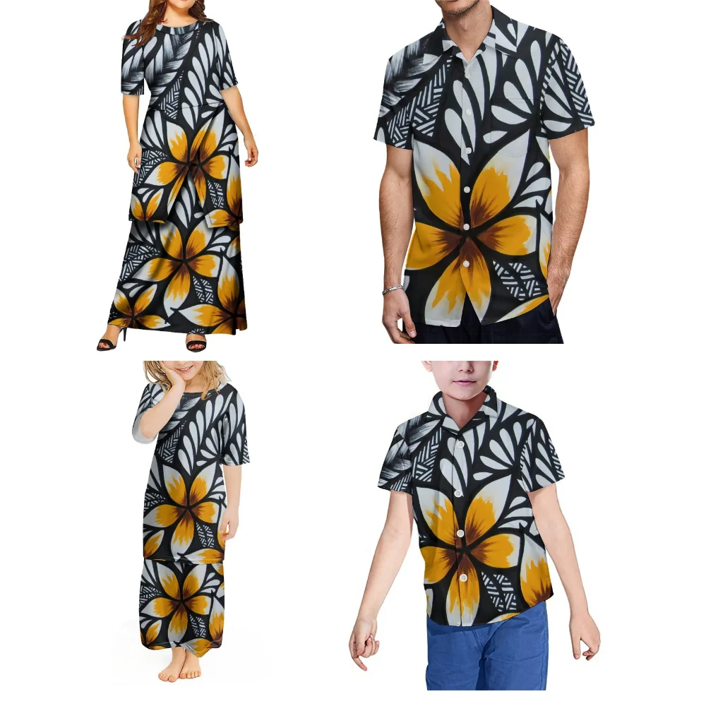 

Polynesian Family Party Costumes Samoa Fashion Puletasi Set Plus Size Women'S Round Neck Dress Set And Men'S Pocket Shirt