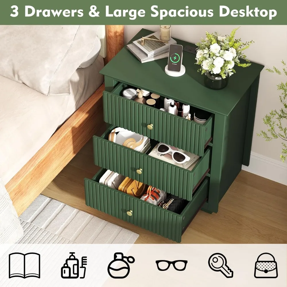 مجموعة كبيرة منضدة مخدد باللون الأخضر مكونة من قطعتين مع محطة شحن، طاولة بجانب السرير خشبية حديثة بعرض 24 بوصة مع 3 أدراج #4