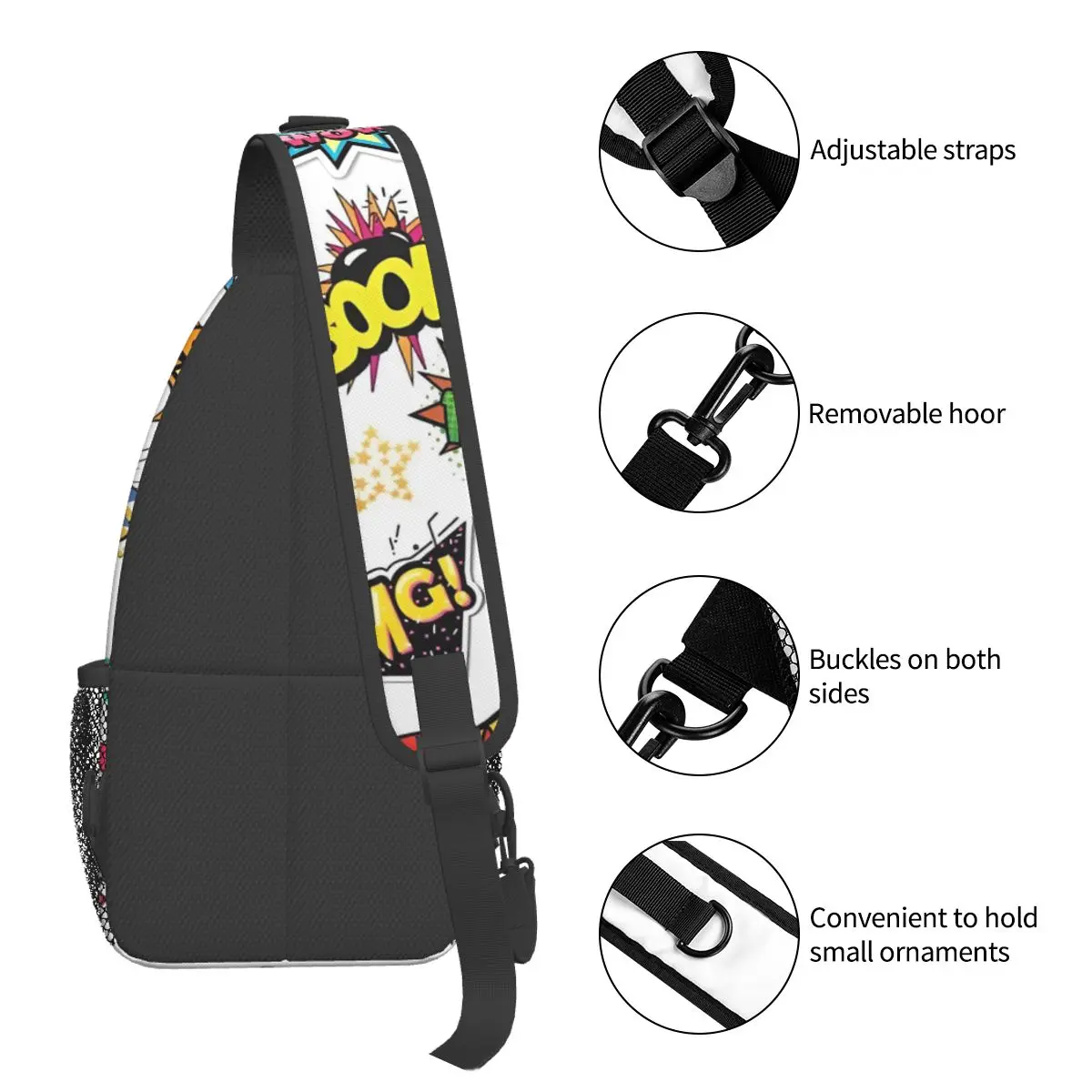 Elementos cômicos colorido sem costura padrão sling saco peito crossbody ombro sling mochila viagem caminhadas daypacks padrão pacote