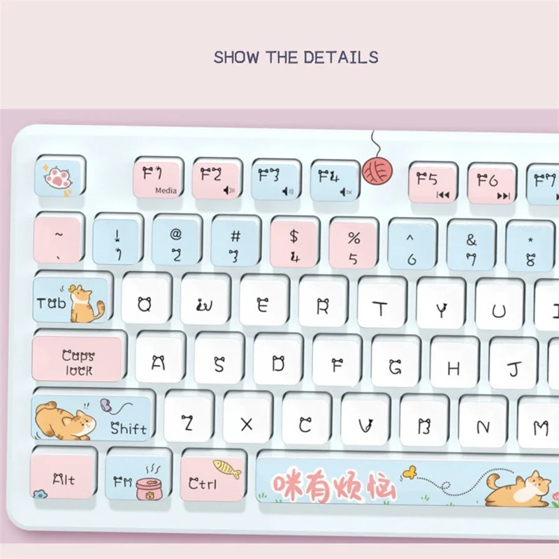 Imagem -02 - Teclas Cute Cat Teclado sem Fio Kawaii Cartoon Rosa Teclado com Fio Roxo Silencioso Teclado de Jogo para Menina Laptop pc Computador 104