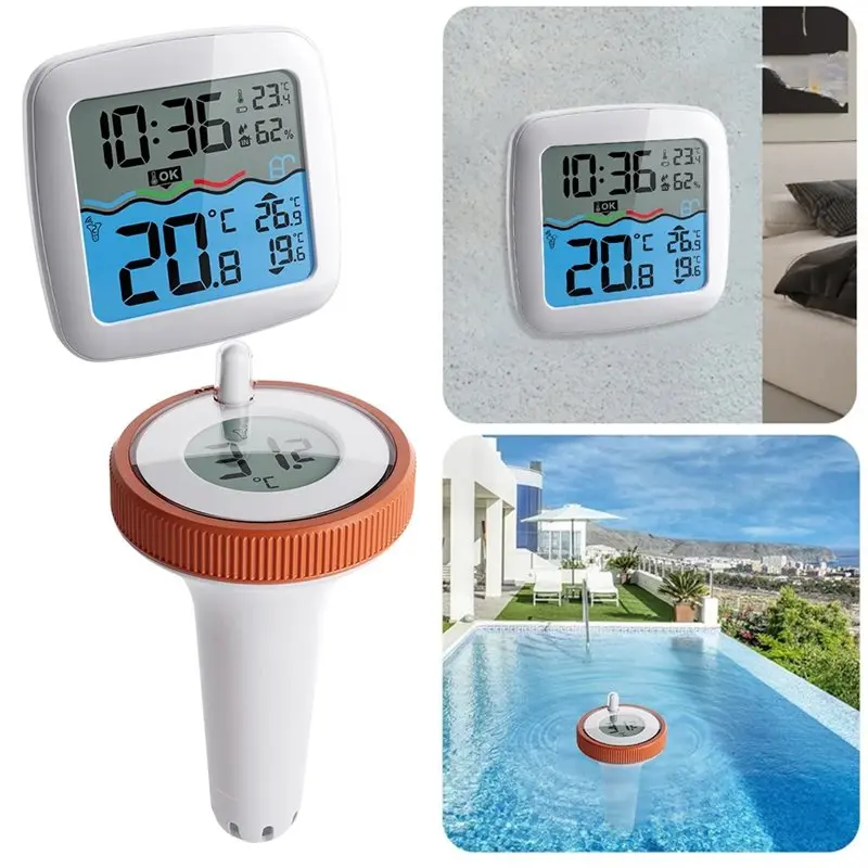 Beste drijvende waterthermometer voor zwembaden met draadloze klok Zwembadbadkamerthermometer
