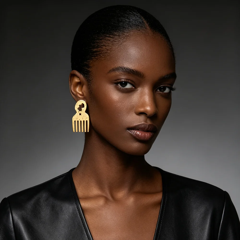 18K vergoldetes afrikanisches Kamm-Ohrringe- & Ring-Set für Damen, gebürsteter, strukturierter ethnischer Statement-Schmuck, Hochzeitsgeschenk – Detail 1
