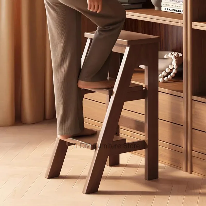 Retro Solid Wood Step Stool, Wooden Ladder Chair with Walnut Finish, Multifunctional Step Ladder for Home Kitchen Living Room