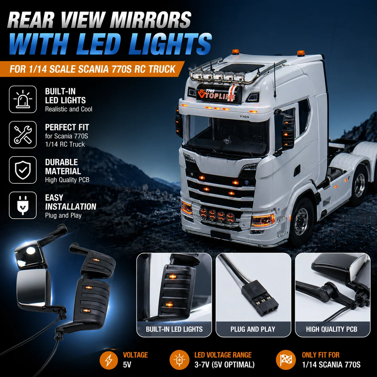 

1:14th Scale Rear View Mirror with LED Light for 1/14 Tamiya RC Dump Truck SCANIA 770S Toys Car Accessories