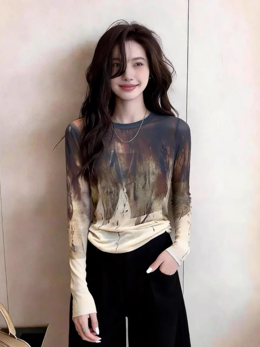 

Retro American Dyeing Long Sleeve Mesh T-Shirt Women Early Spring New Style Slimming Air Conditioner Cover up Korean Style