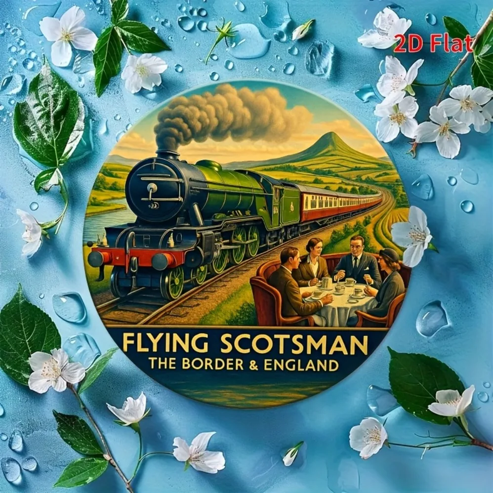 Flying Scotsman Retro-Wanddekoration aus Aluminium – nostalgisches Zugschild mit Landschafts- und Speisewagen-Design |   Robustes Metallschild