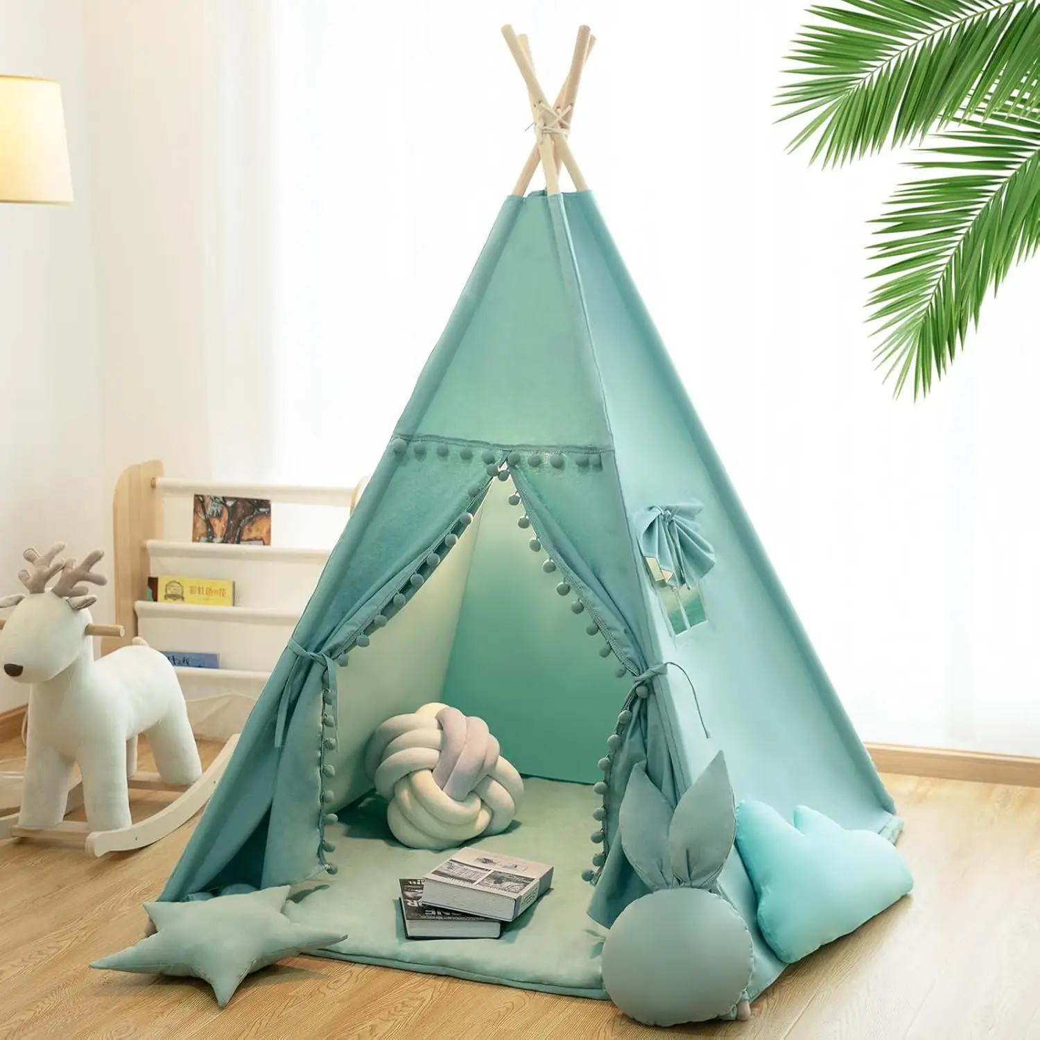 

Kids Teepee Tent with Mat, Star Lights, Carry Case - Foldable Indoor Outdoor Playhouse in Jewelry Blue