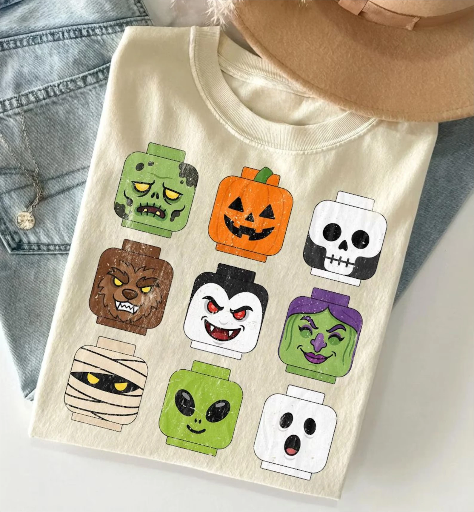 Halloween Building Blocks Toy Kids Y2K Cotton T-shirt Autumn New Family Parent-child Outfit Men Women Daily Casual Fashion Shirt