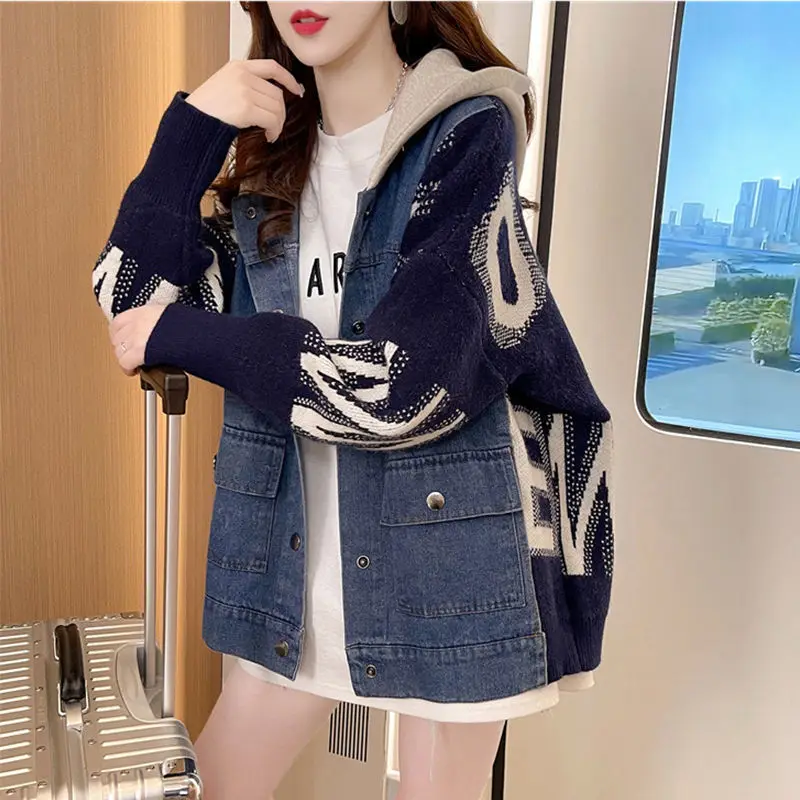 2024 Autumn/Winter New Women's Oversized Denim Knitted Jacket Loose Commuter Printed Splicing Hoodie Jacket