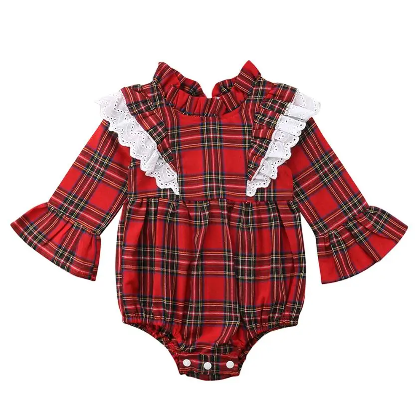 Baby Girl Christmas Bodysuits Long Sleeve Red Plaid Ruffle Lace Bodysuits Jumpsuit Xams Baby Clothes