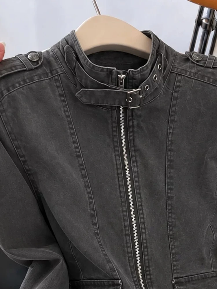 Top Women Retro Distressed Urban Street Stand Collar Metal Zip Epaulet Multi Pocket Cinched Clean Biker Chic Modern Outerwear