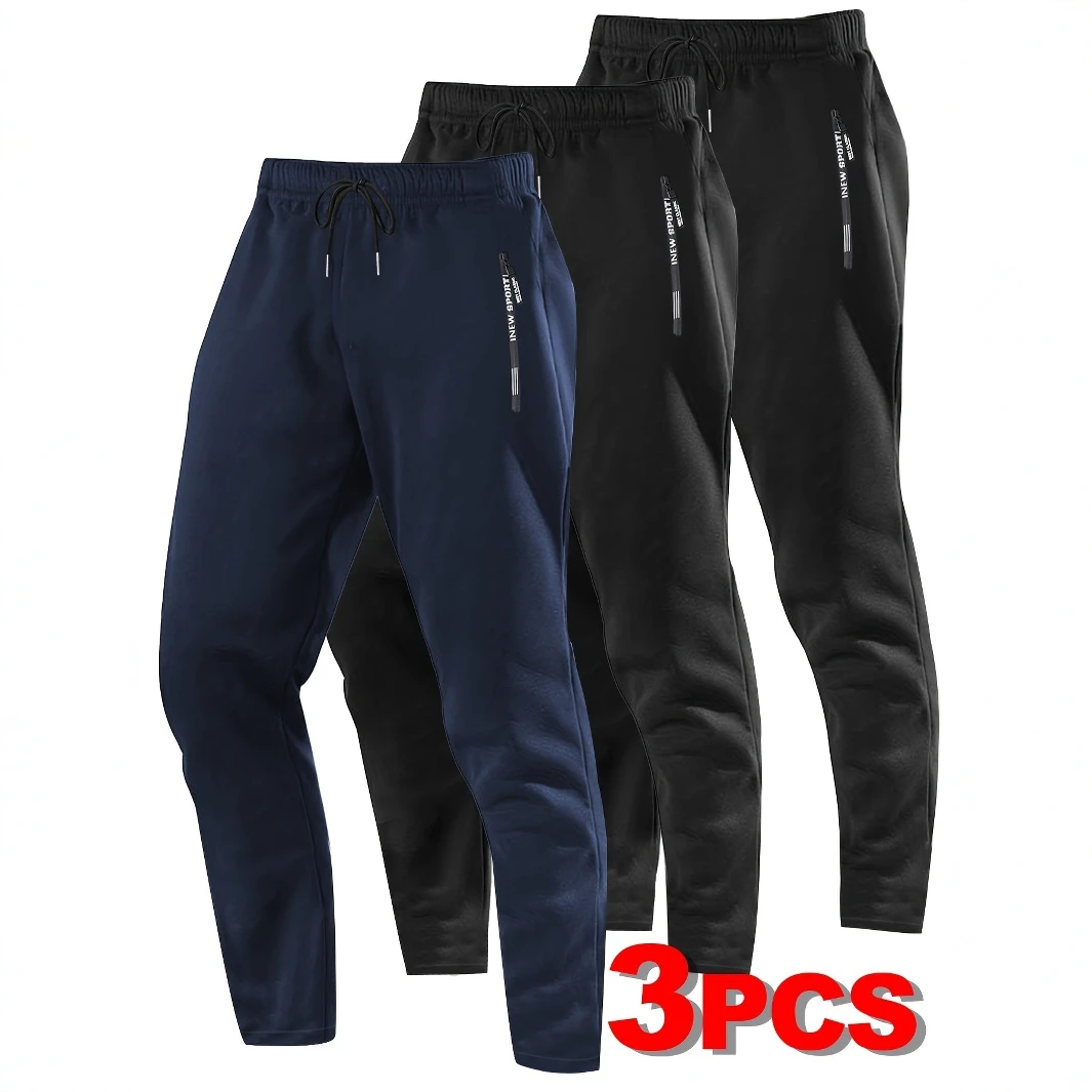 

3pcs Men's & Unisex All-Season Breathable Jogger Pants with Elastic Waist & Cuffs, Letter Print Zipper Pockets - Solid Color Reg