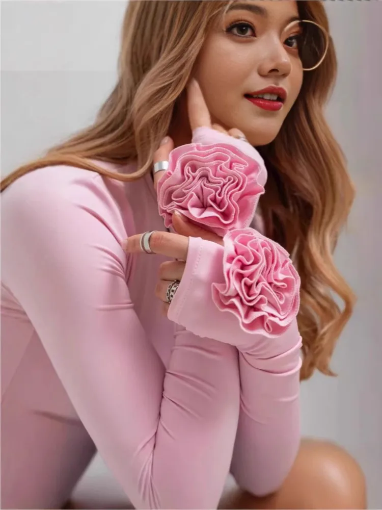 

Women's Clothing Three-dimensional Flower Long-sleeved T-shirt New Round Neck Slim Top All-match Simple Style Solid Color Trendy