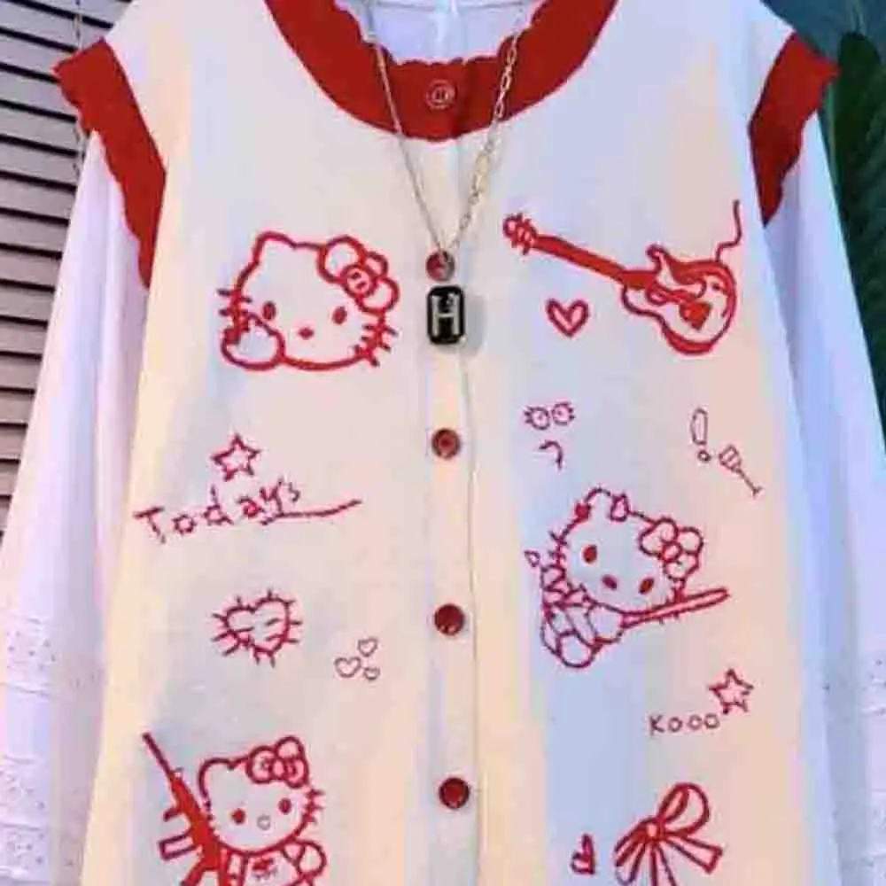 Sanrio Hello Kitty Women's Cute Knitted Tank Top Autumn/winter New Loose Printed Cardigan Large Female Student Kawaii Sweater view 6