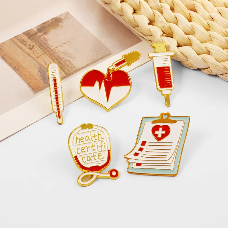 Creative Medical Equipment Red Love Enamel Pins Electrocardiogram Stethoscope Syringe Funny Alloy Brooch Badge Punk Jewelry Gift