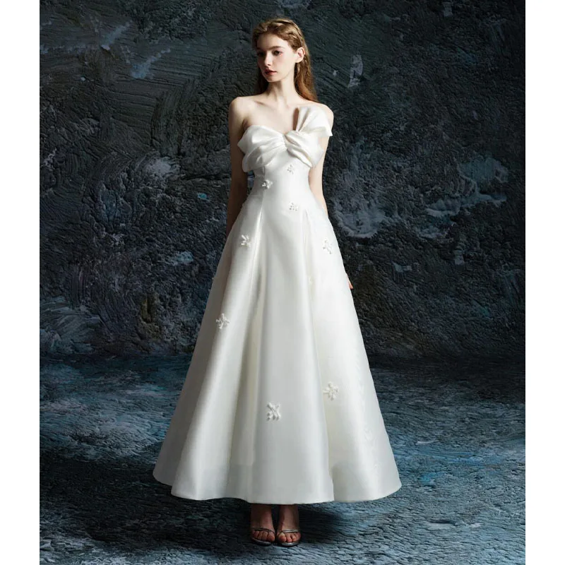 Vestidos de fiesta de princesa sin tirantes de satén, vestidos de fiesta de noche drapeados con pliegues blancos para mujer, vestidos de novia con lazo Simple de Corea personalizados