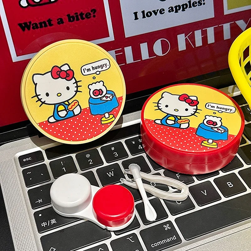 

Hello Kitty Contact Lens Storage Box Cute Anime Print Cat Circular Contact Lens Accessories Women Products Girl Gift Wholesale
