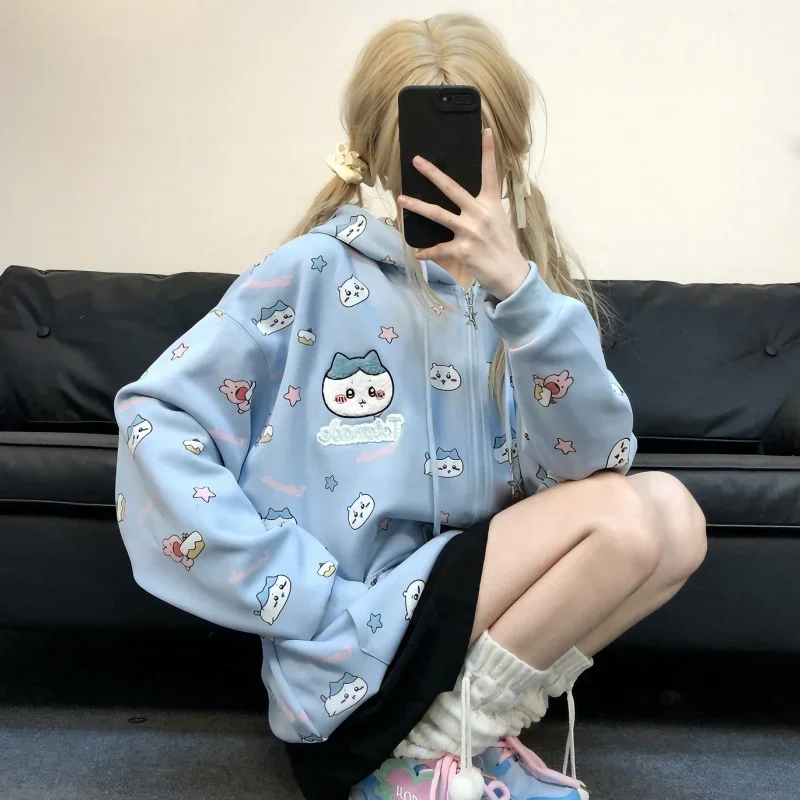 Chikawa Anime Hooded Cardigan Jacket Zipper Coat Hachiware Usagi Kawaii Women Autumn Thin All-over Printed Apricot Sweatshirt