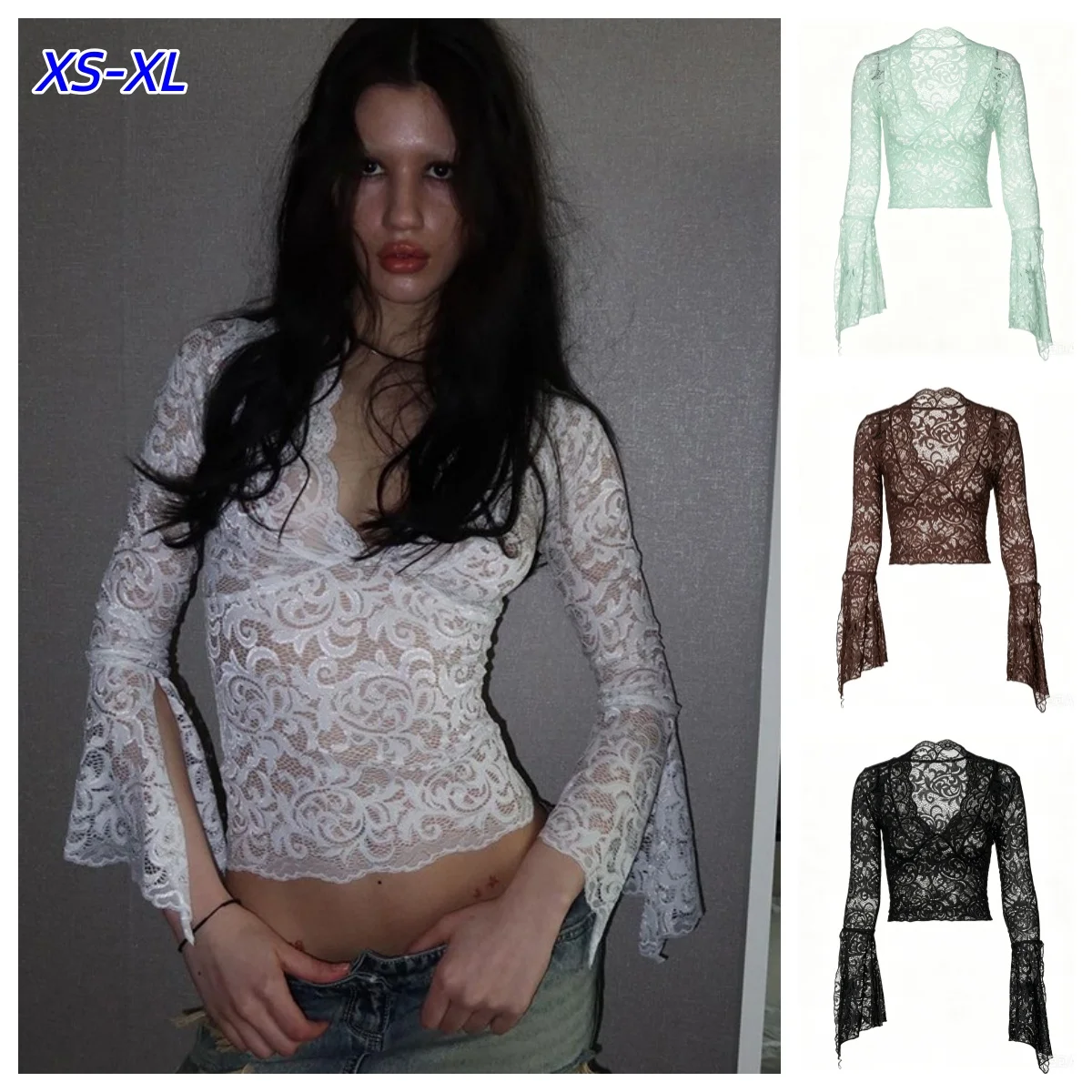 V-Neck Long Slit Flare Sleeves Lace T-Shirt See Through Sexy Crop Top Party Clubwear Autumn Winter Y2K