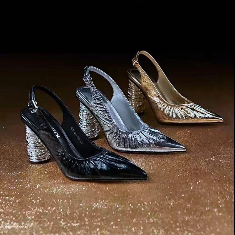Women's New Summer Genuine Leather Cowhide Pearl Gold-Plated High Heels with Toe Caps, M ü Ller Shoes, Star Style Sandals image 5