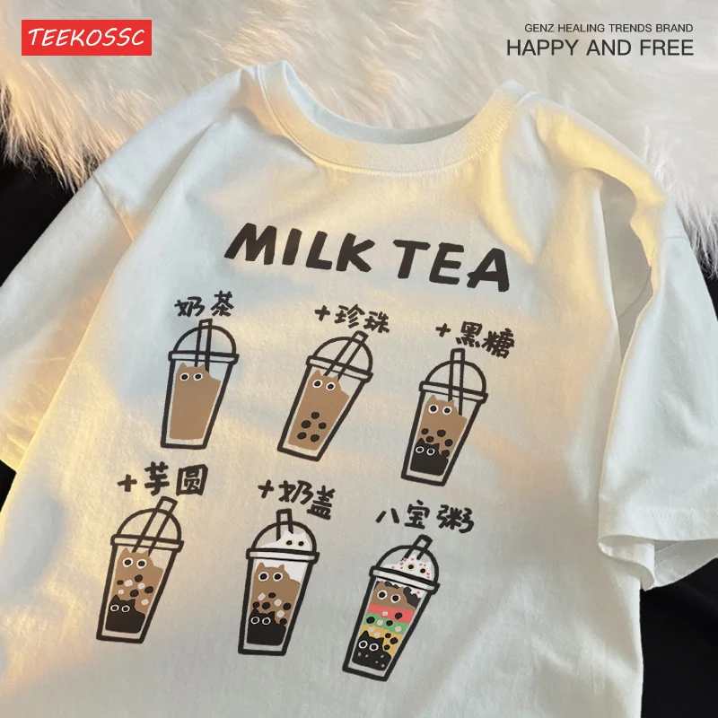 Milk Tea Cat Fun Academy Style Women T Shirt Cartoon Lovely Tee Clothing Letter S-Xxxl T-Shirts Personality Holiday Tops