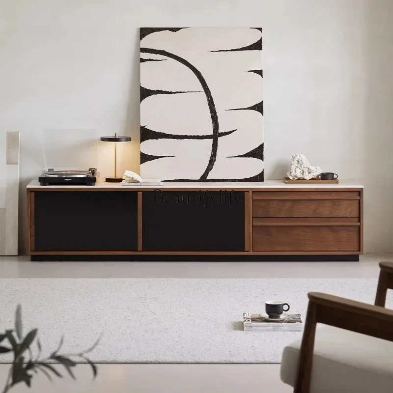 

Nordic solid wood TV cabinet living room North American black walnut floor rock slab locker