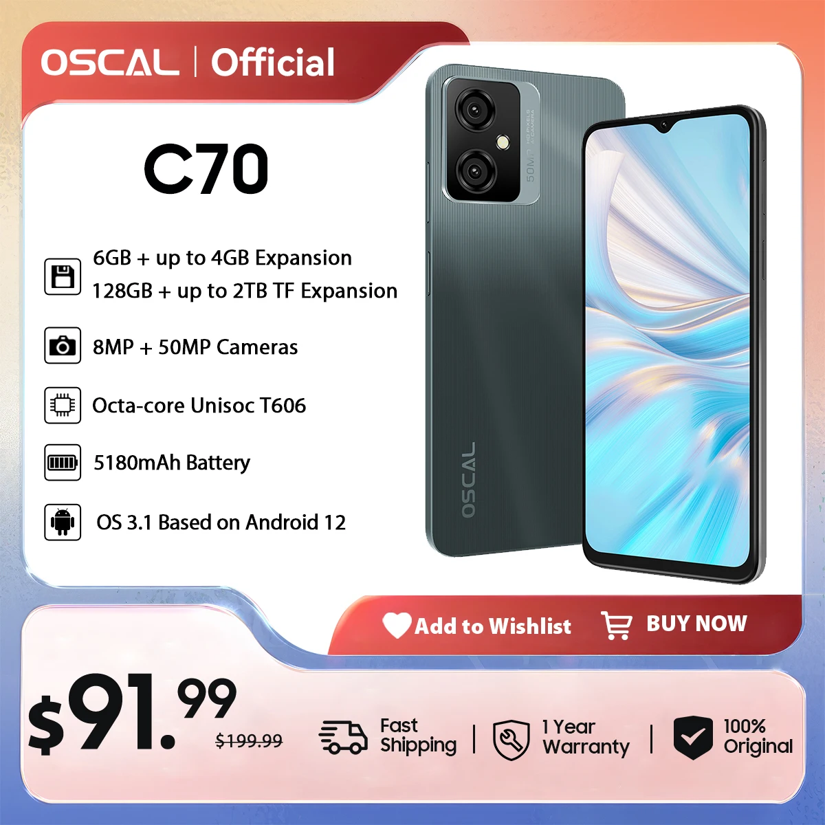 OSCAL C70 스마트폰, 6.6 인치 HD + 화면, 6GB + 128GB T606 옥타코어, 5180mAh 50MP 카메라, 안드로이드 12 휴대폰, GPS 핸드폰