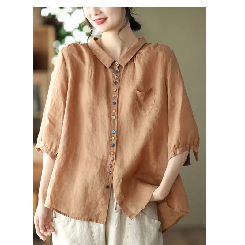 

Новая мода, винтажные женские красочные пуговицы, однотонные повседневные модные свободные рубашки с отложным воротником и половиной рукавов, женская одежда