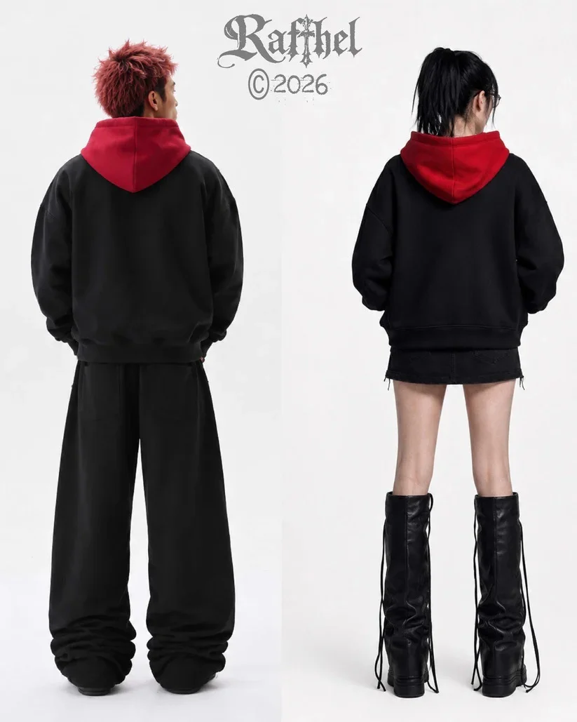 Men Women Gothic Streetwear Cropped Hoodie Contrast Red Hood Diagonal Metal Ring Buckle Strap Design Loose Oversized Couple Hood