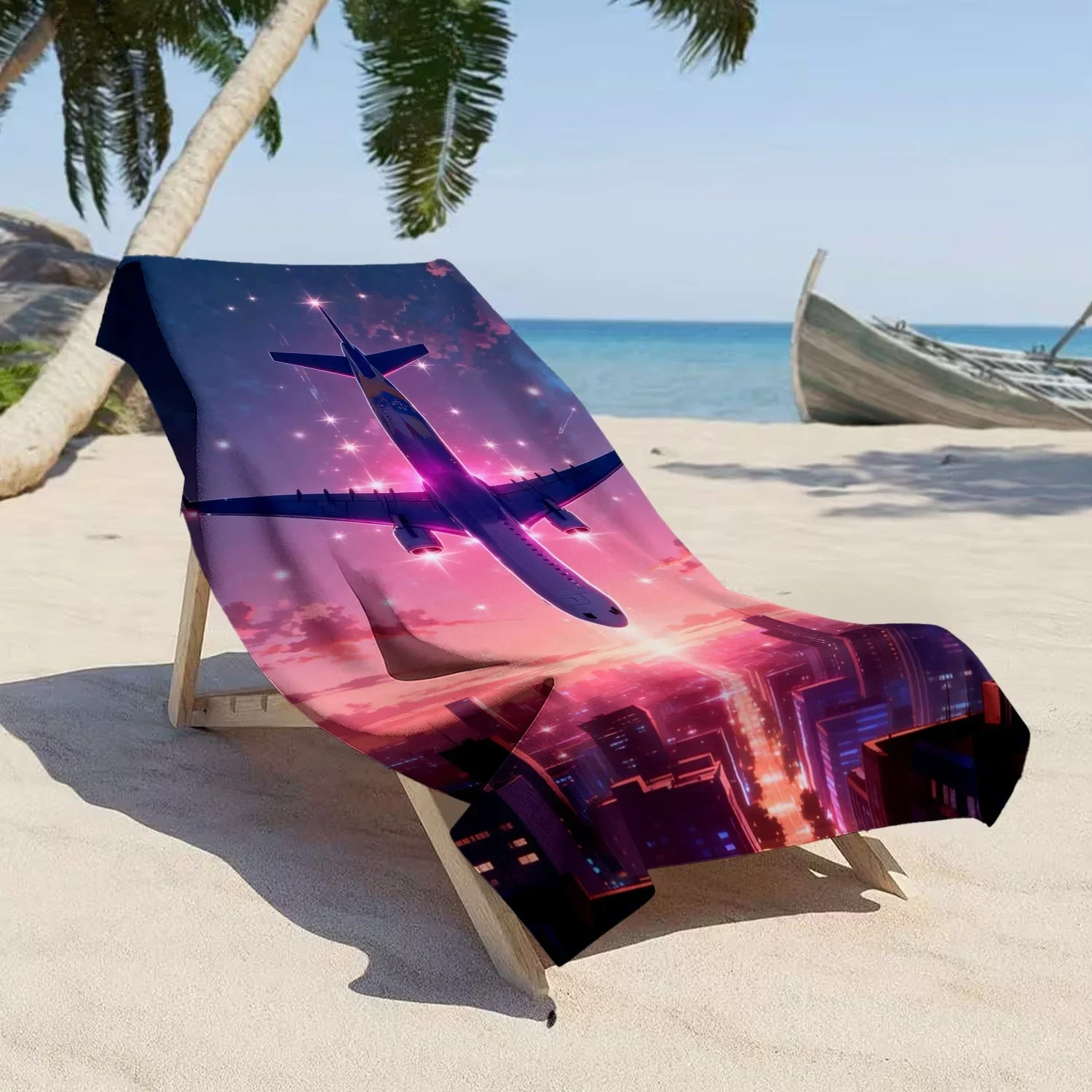 Futuristic Travel Beach Towel, Neon Airplane Over Sunset City Print Bath Towel, Stylish Cyberpunk Themed Beach Blanket