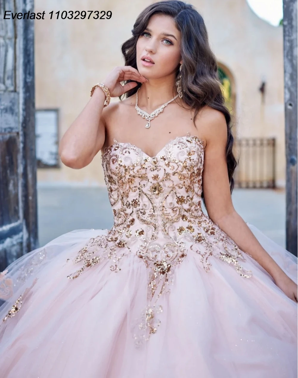 EVLAST PinkQuinceanera abito da ballo oro pizzo Applique perline manica a sbuffo a strati dolce 16 Vestidos De XV 15 Anos TQD636