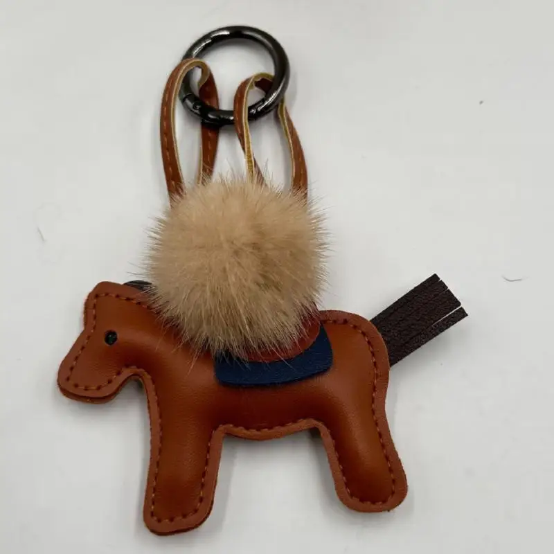 

Cute Pony Pendant Charm Paired Mink Pom-pom High-end Pu Leather Perfect For Wallets Keychains Women's Gifts Decorative Pendant