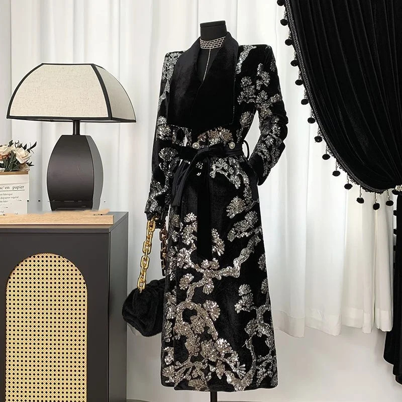 

2026 autumn winter High end banquet Fashion long coat for women tweed Noble Trend woolen lady coats Embroidered relief flower