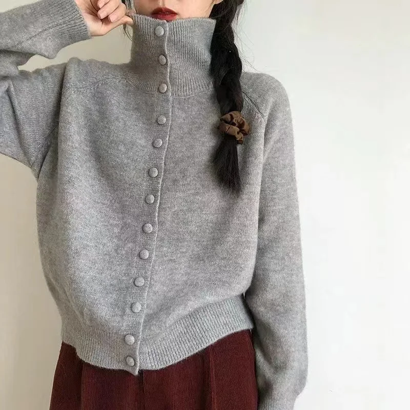 

Chic High Collar Single Button Knitted Sweater Women's Soft Cozy Autumn Winter Faion Versatile Slimming Knitwear Top