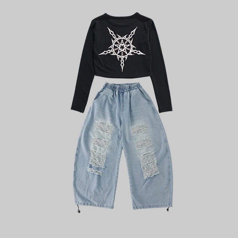 Abbigliamento Kpop per ragazze Costume da ballo jazz Bambini Maniche lunghe Abbigliamento da strada Top neri Jeans Abiti da performance Hip Hop BL17104