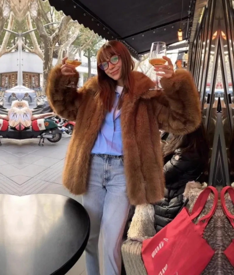 Faux Fur Long Coat With Hood Coats Womens Animal-Printed Fancy Vacation Lady Design Garments Biker-Style Epaulettes Modern Trend