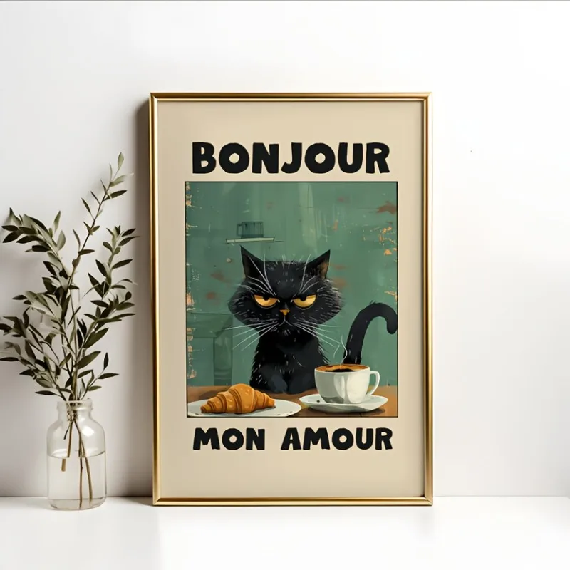 1 póster de Le Chat Noir, ilustración de desayuno con gato negro de Green Bonjour Mon Amour, pintura moderna sobre lienzo sin marco, decoración de interiores