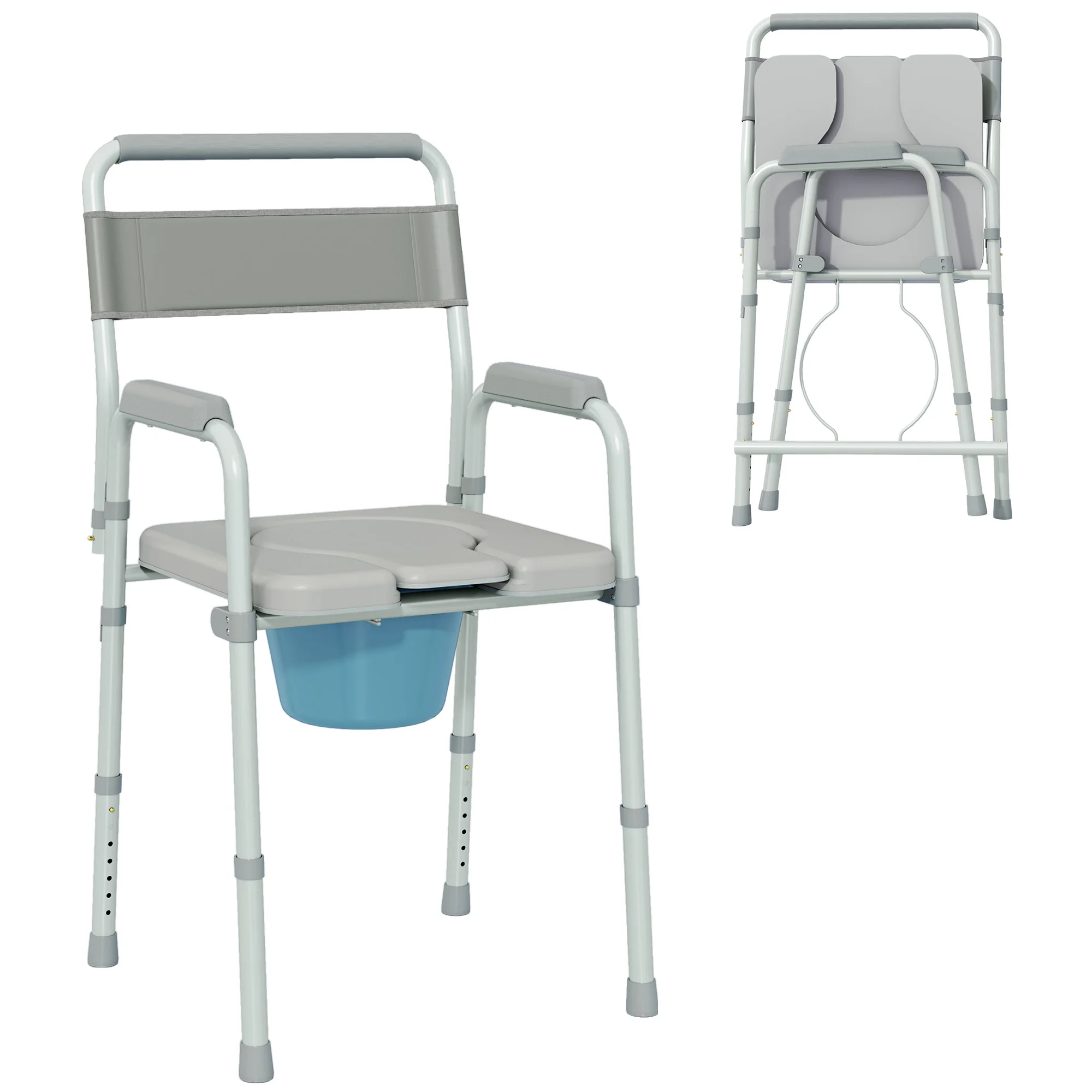 Versatile Functionality: Serves as a bedside commode, raised toilet seat, toilet safety frame, and portable chair, meeting various needs efficiently. Stable Support: Constructed with a stable frame supporting up to 331 lbs., featuring anti-slip feet pads