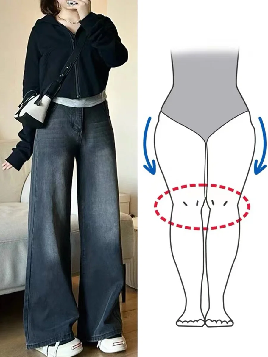 

High Waist Straight Leg Loose Fit Bla Denim Jeans for Women Pear ape Body Retro Sle Floor Length Trousers Autumn Winter