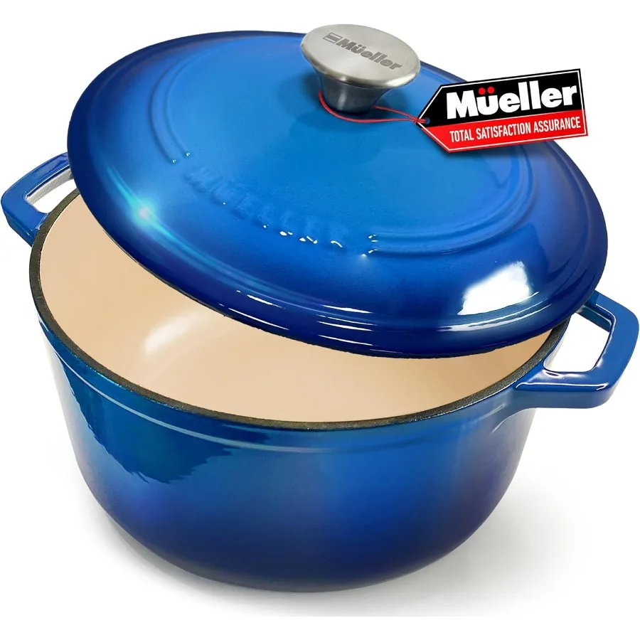 MELLERHOME 7.5 QT فرن هولندي من الحديد الزهر المطلي بالمينا طبق خزفي عالي التحمل ومقلاة برايزر مع غطاء ومقبض من الفولاذ المقاوم للصدأ OvenSafe u
