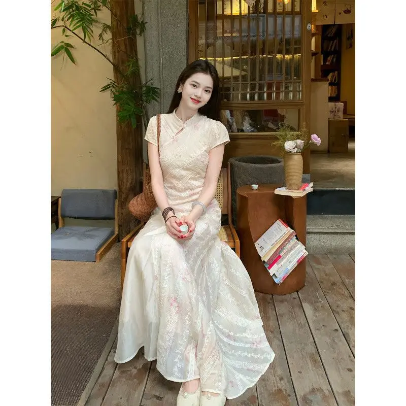2026 Spring Summer New Chinese Floral Improved Cheongsam Dress, Elegant Temperament Long Dress for Women