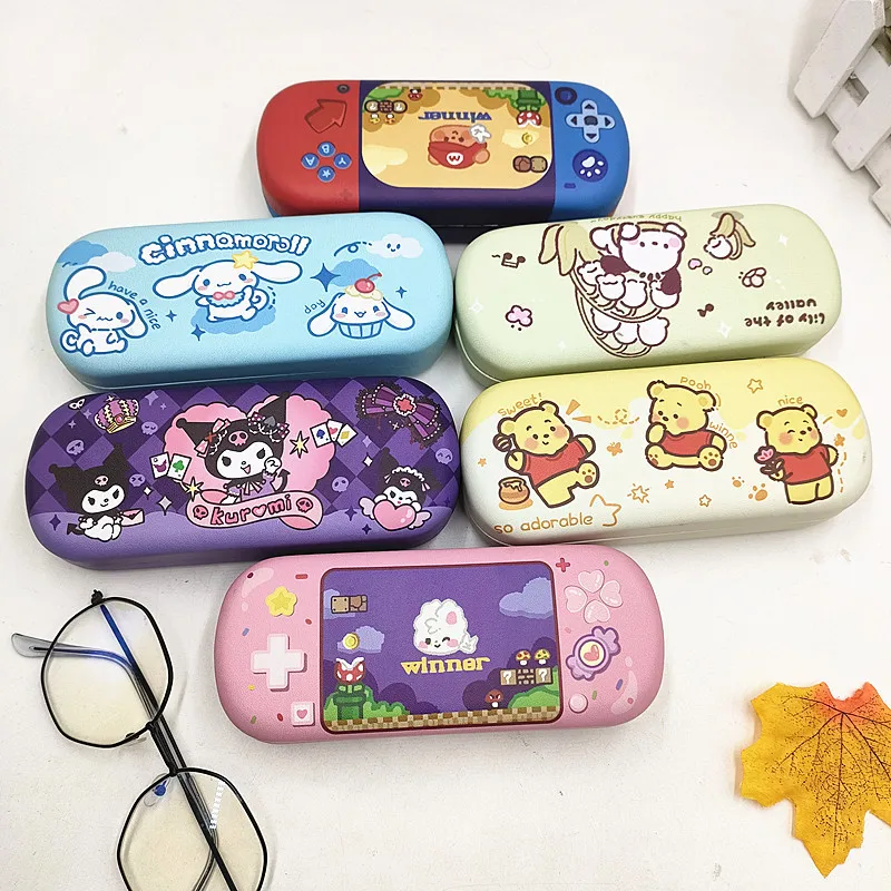 Sanrio Kuromi Glasses Case Kawaii Cartoon Cinnamoroll Cure Colorblock Pu Leather Sunglasses Storage Box Squeeze Drop Toys Girls