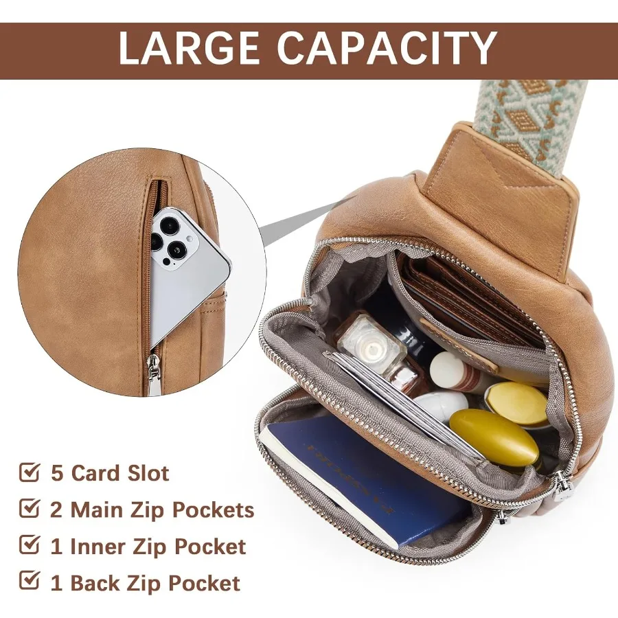 Сумка-слинг для женщин, кошелек через плечо, сумка через плечо, кожаная нагрудная сумка с регулируемым гитарным ремнем для путешествий