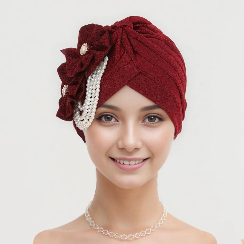 Hijab Hat Breathable Head Wraps Flower Design Pearls Beading Turban Cap Cross Elegant Bonnets Daily