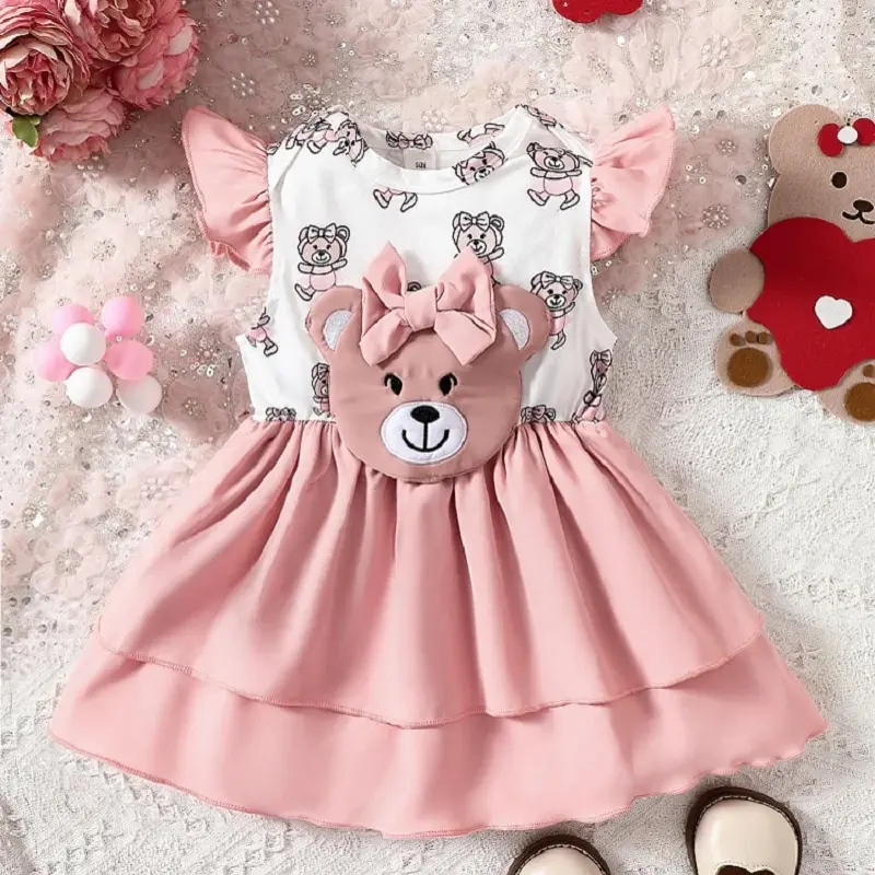 0-3 Years Old Spring And Summer New Round Neck Flying Sleeve Bear Cub Baby Baby Girl Casual Cute Short Sleeve Dress